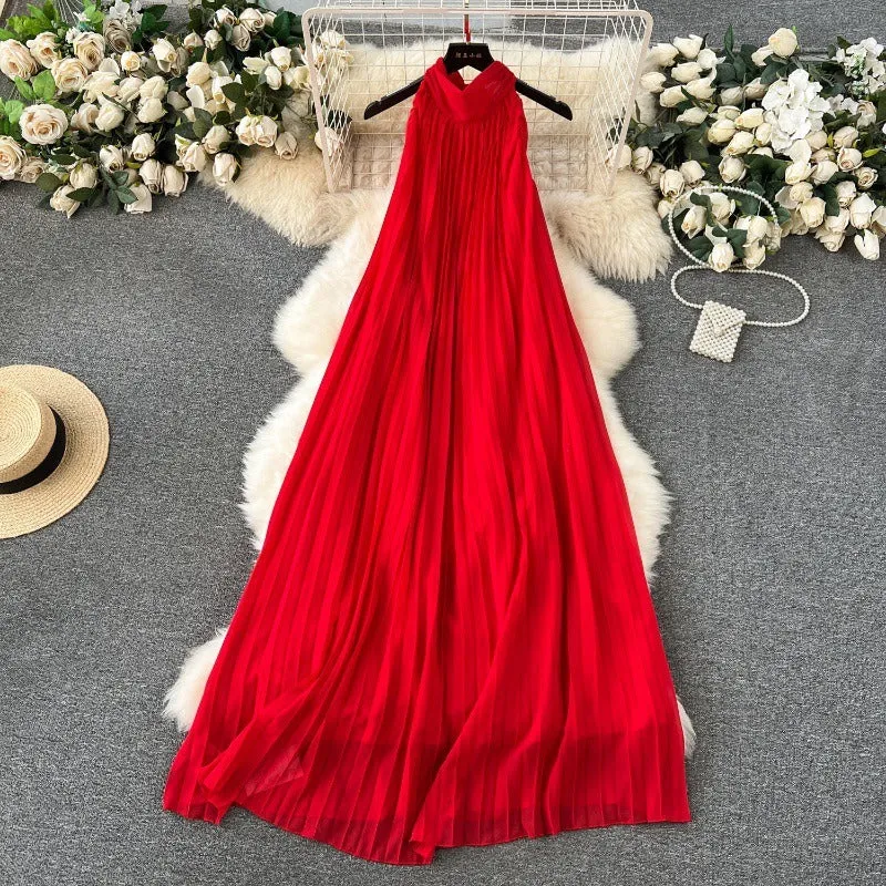 Pre Order:  Red Chiffon Hanging Neck Midi Dress