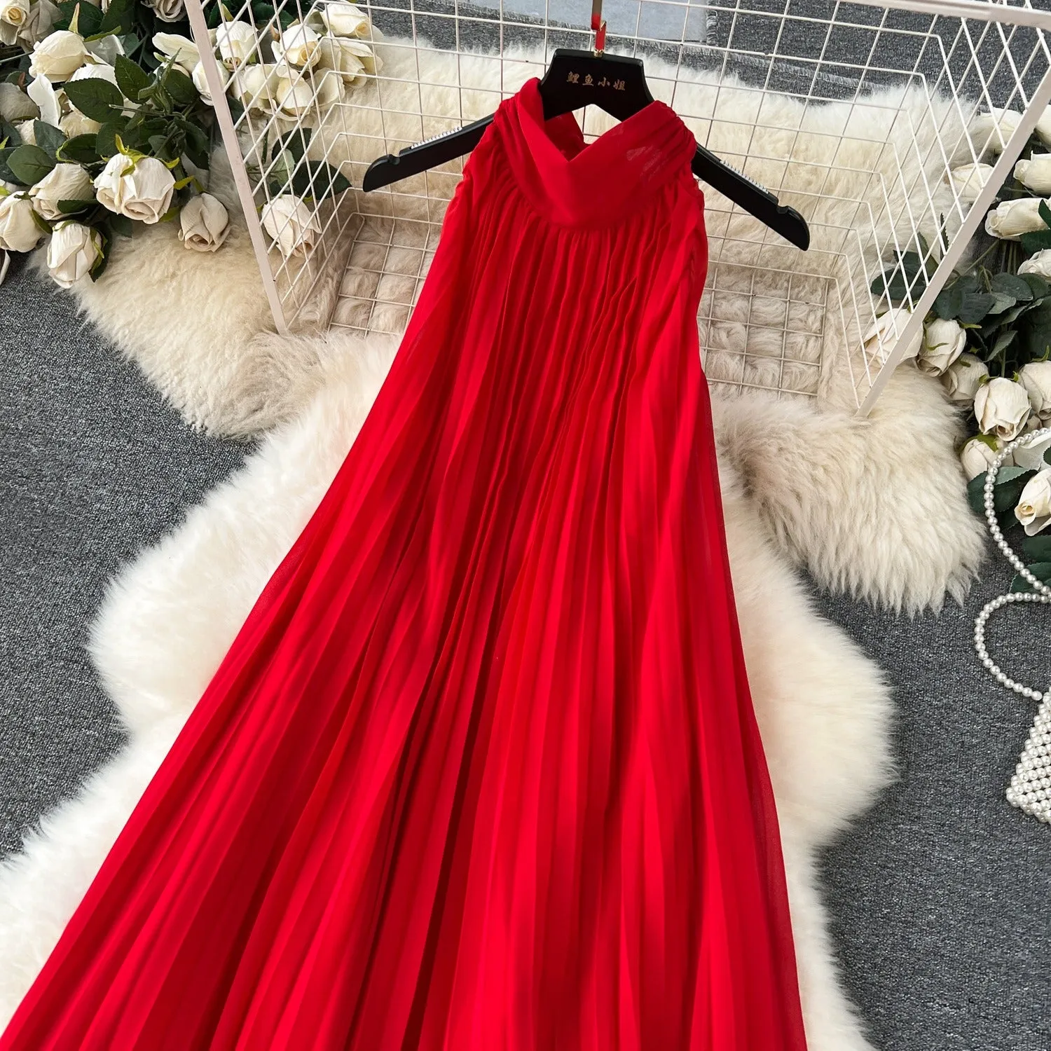 Pre Order:  Red Chiffon Hanging Neck Midi Dress