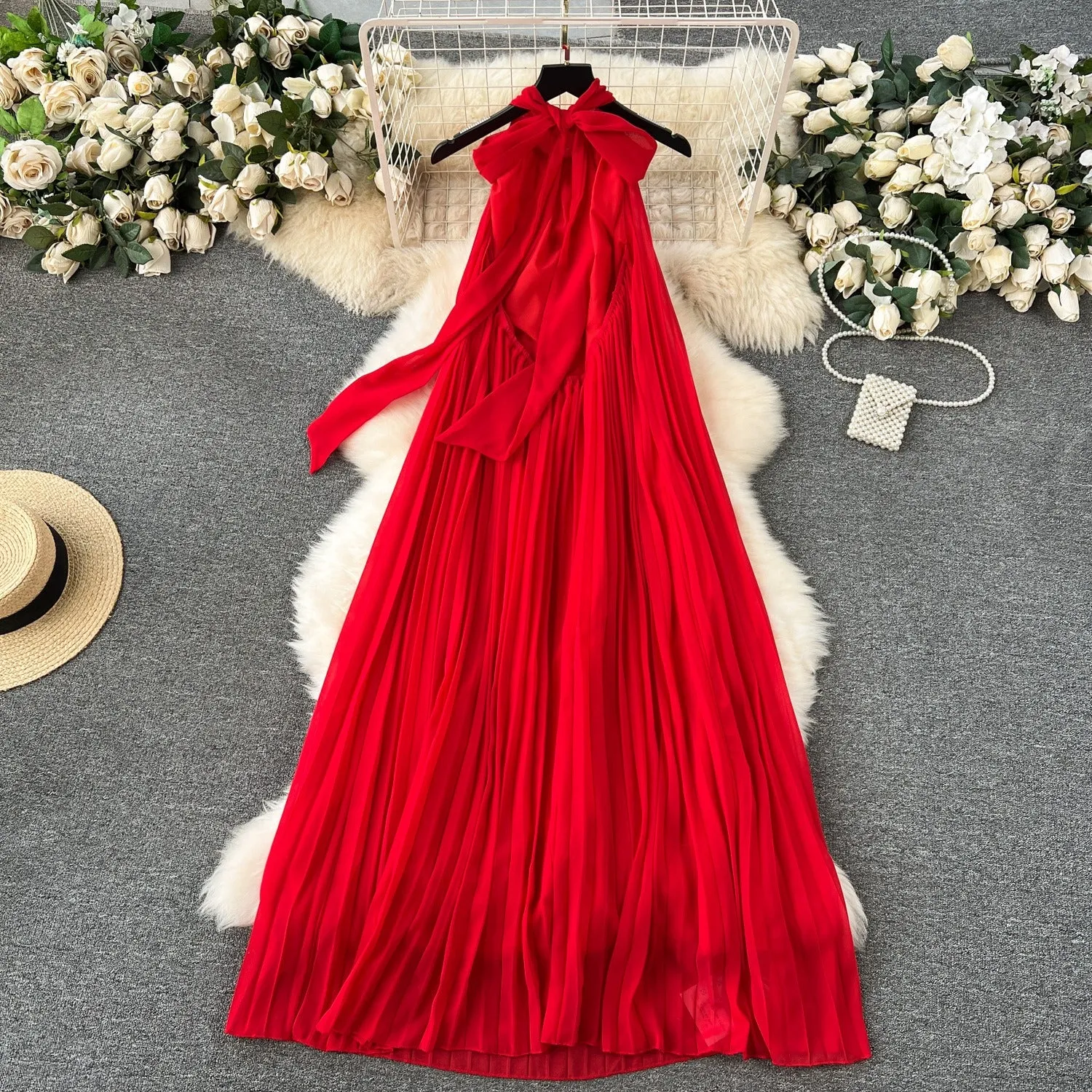 Pre Order:  Red Chiffon Hanging Neck Midi Dress