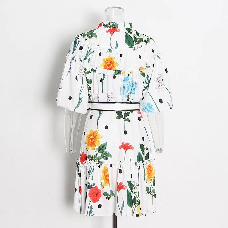 Pre Order:  Ruffled Stand Collar High Waist Waistband Dress