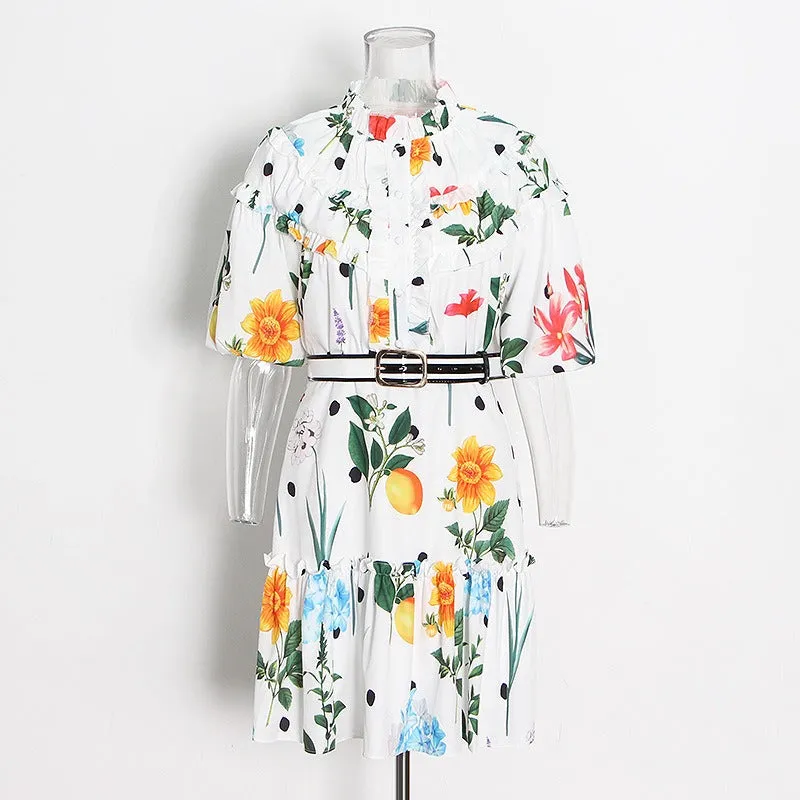 Pre Order:  Ruffled Stand Collar High Waist Waistband Dress