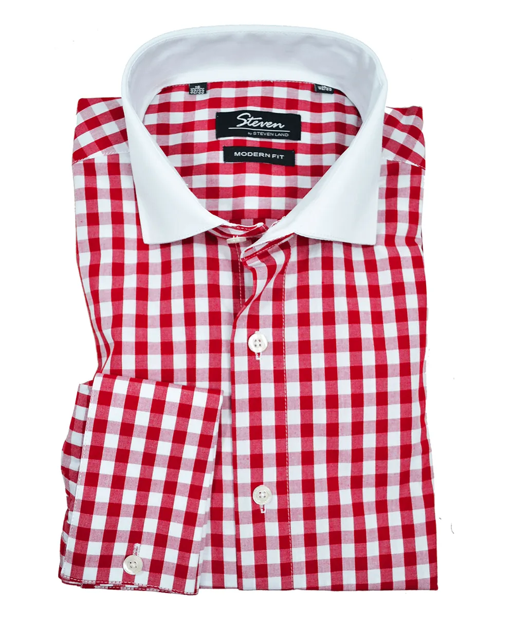 Red and White Plaid Slim Fit Dress Shirt