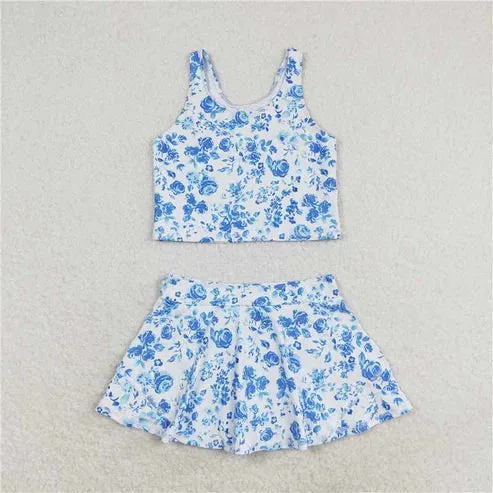 RTS NO MOQ Colorful sleeveless culottes suit Pink floral sleeveless culottes suit Blue flower white sleeveless culottes suit