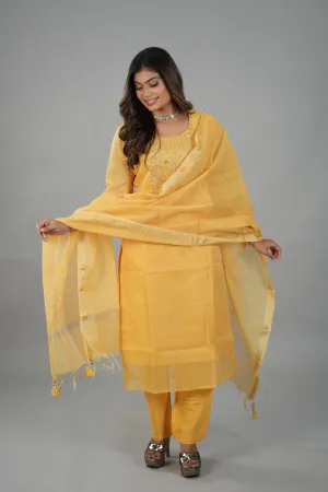 Satrangi Women's Orange Embroidered Dress & Orange Pant Set in KOTA DORIYA