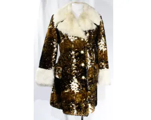 Size 10 Faux Fur Coat - Late 1960s Brindled Vegan Plush Animal Print - Medium 60s Mod Double Breasted Overcoat - Brown Black White - Bust 38