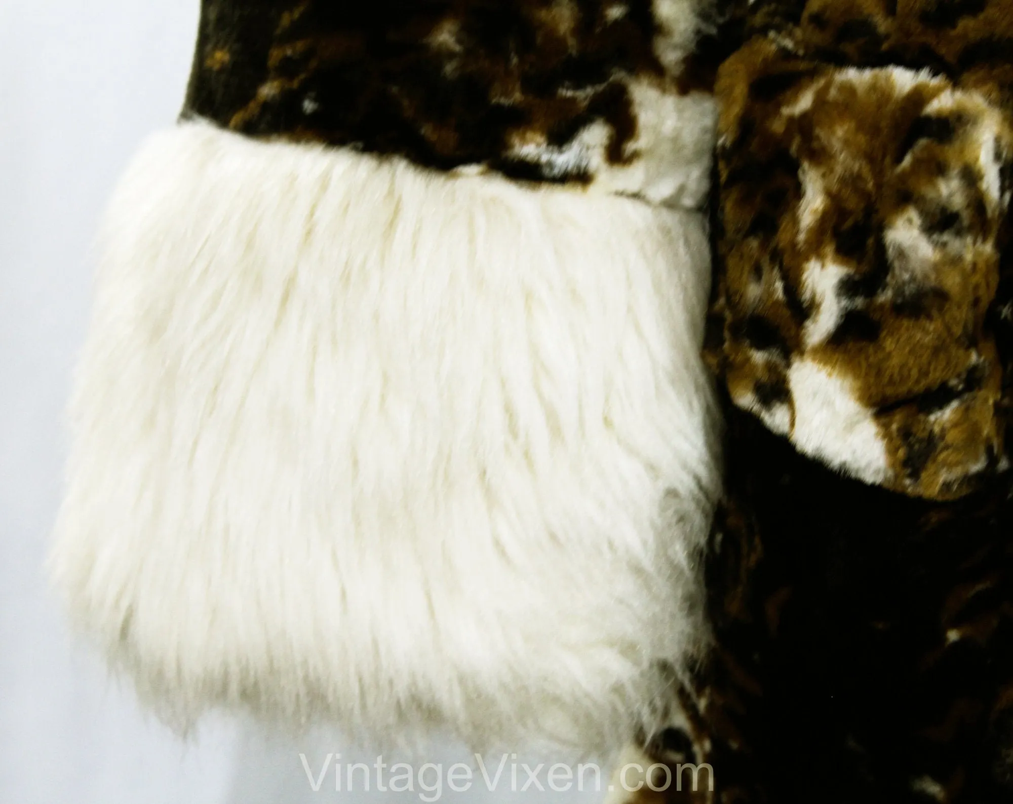 Size 10 Faux Fur Coat - Late 1960s Brindled Vegan Plush Animal Print - Medium 60s Mod Double Breasted Overcoat - Brown Black White - Bust 38