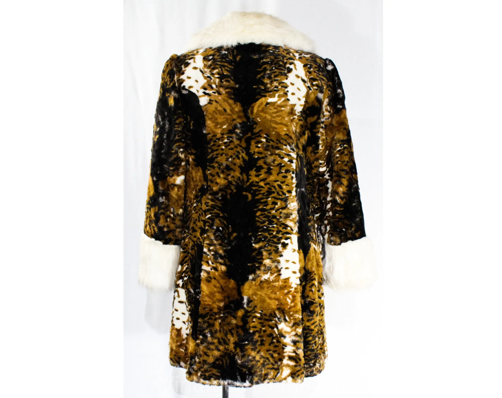 Size 10 Faux Fur Coat - Late 1960s Brindled Vegan Plush Animal Print - Medium 60s Mod Double Breasted Overcoat - Brown Black White - Bust 38
