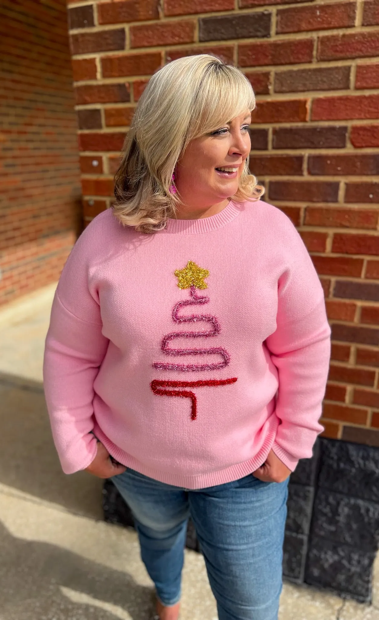Spread Joy Pink Christmas Sweater with Tinsel Tree (C)