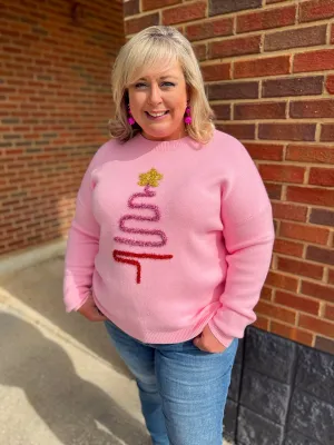 Spread Joy Pink Christmas Sweater with Tinsel Tree (C)
