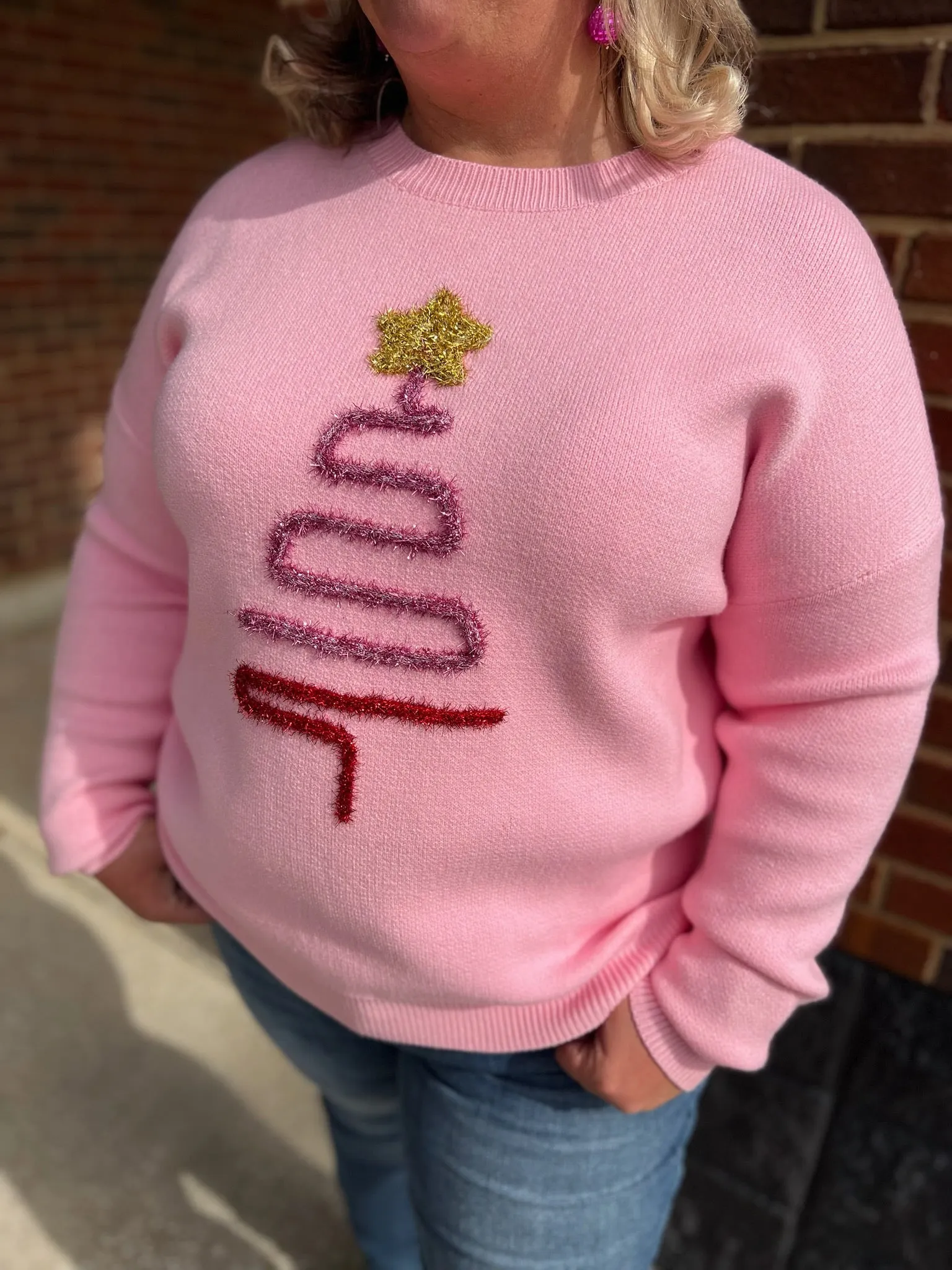 Spread Joy Pink Christmas Sweater with Tinsel Tree (C)