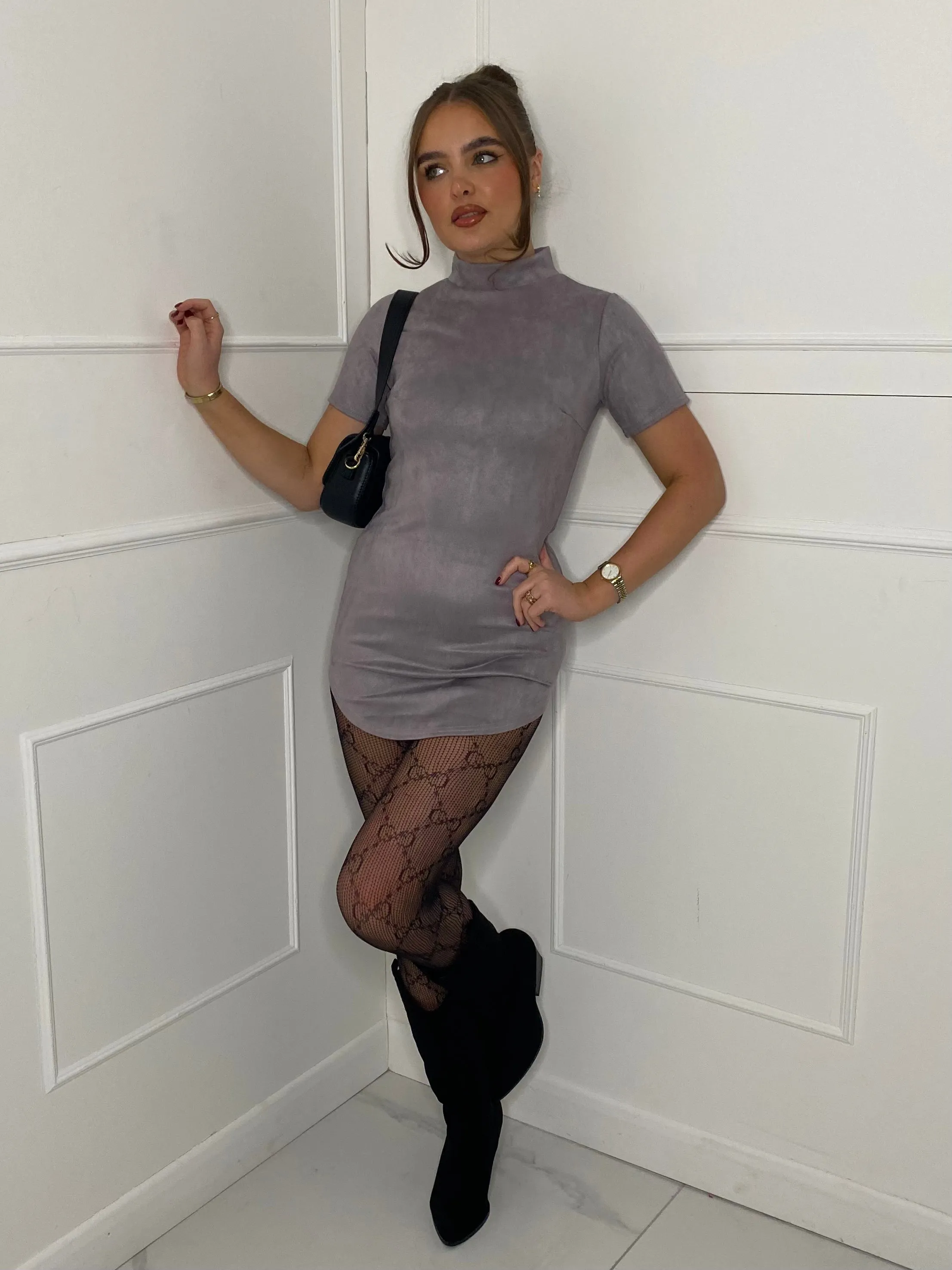 Suede High Neck Dress - Grey