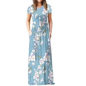 Summer Maxi Floral Dress Women Long Party Dress Ladies Loose Pocket Short Sleeve Casual Dress Robe Femme Sundress