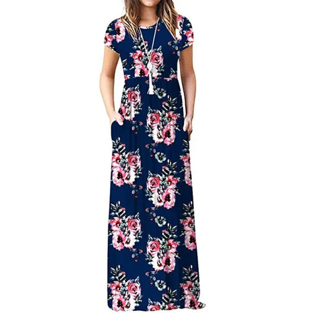 Summer Maxi Floral Dress Women Long Party Dress Ladies Loose Pocket Short Sleeve Casual Dress Robe Femme Sundress