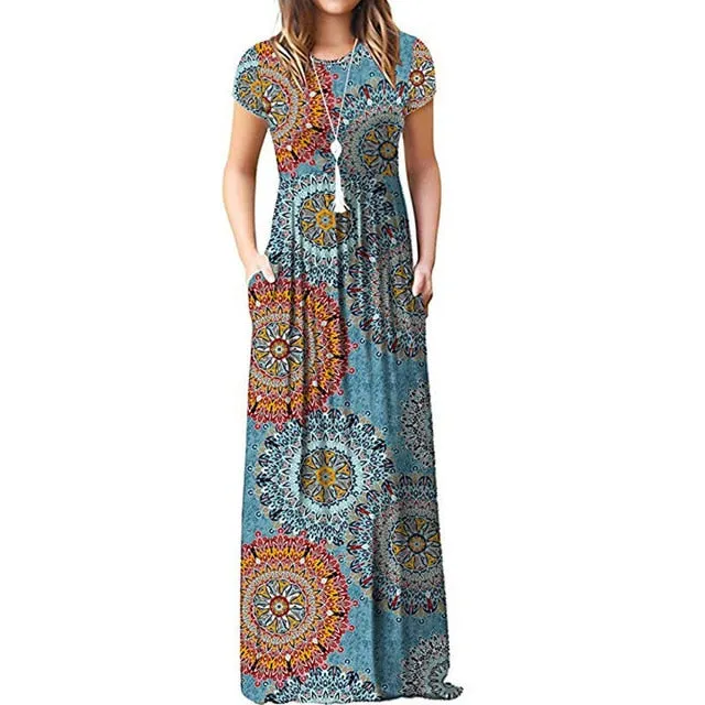Summer Maxi Floral Dress Women Long Party Dress Ladies Loose Pocket Short Sleeve Casual Dress Robe Femme Sundress