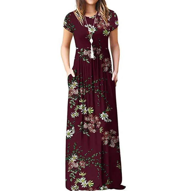 Summer Maxi Floral Dress Women Long Party Dress Ladies Loose Pocket Short Sleeve Casual Dress Robe Femme Sundress