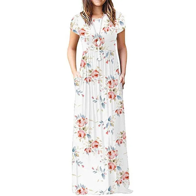Summer Maxi Floral Dress Women Long Party Dress Ladies Loose Pocket Short Sleeve Casual Dress Robe Femme Sundress