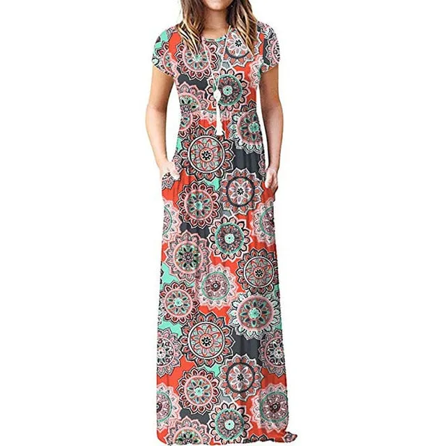 Summer Maxi Floral Dress Women Long Party Dress Ladies Loose Pocket Short Sleeve Casual Dress Robe Femme Sundress