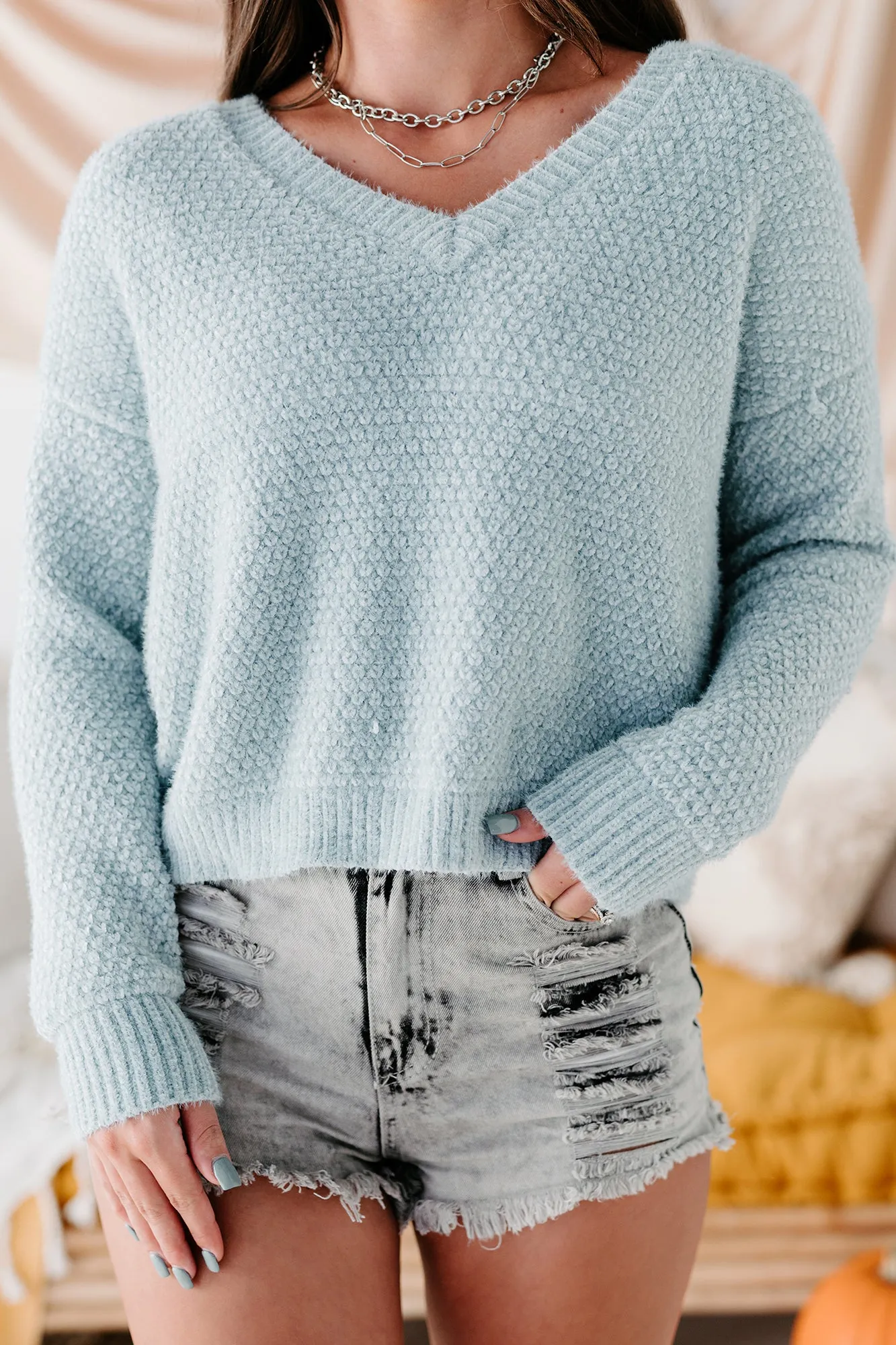 Sweet Lovin' Fuzzy Chenille V-Neck Sweater (Smoke Blue)