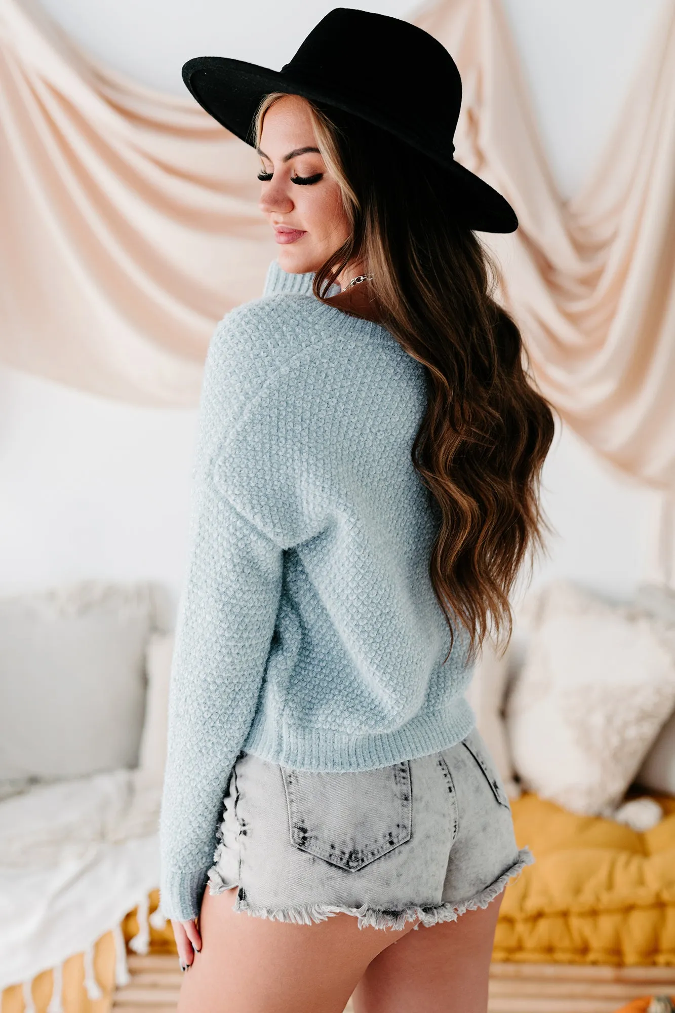 Sweet Lovin' Fuzzy Chenille V-Neck Sweater (Smoke Blue)
