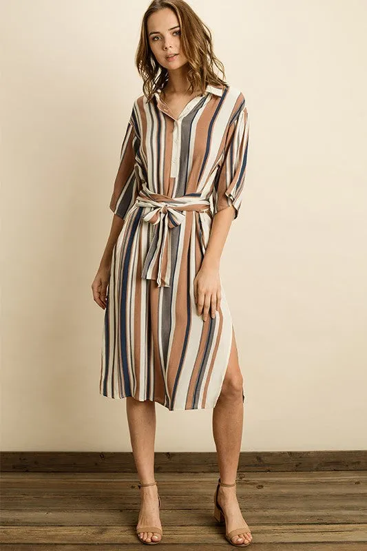 Tan and blue striped shirt dress with sash tie belt