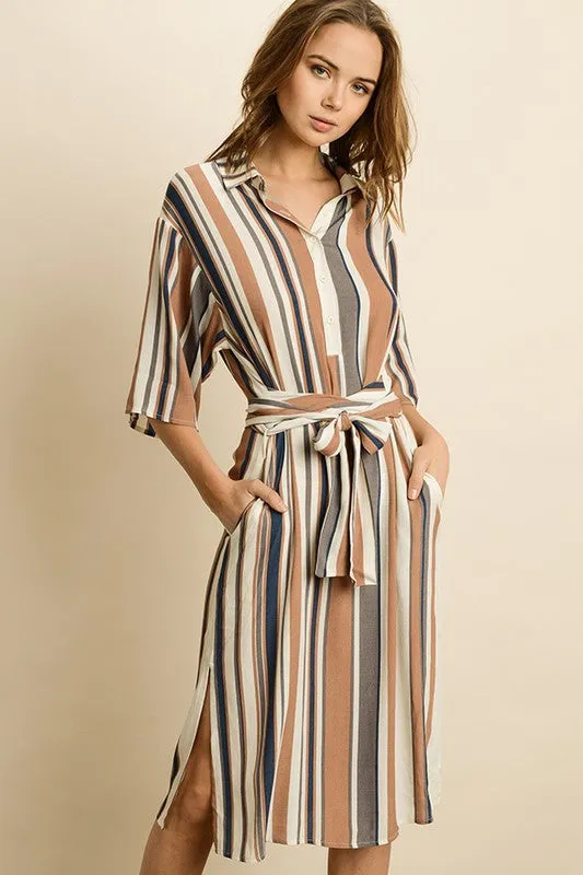 Tan and blue striped shirt dress with sash tie belt