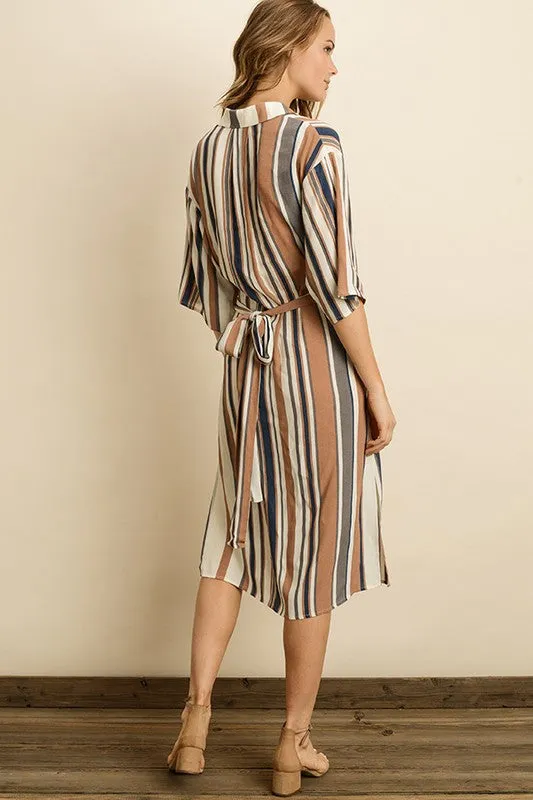 Tan and blue striped shirt dress with sash tie belt