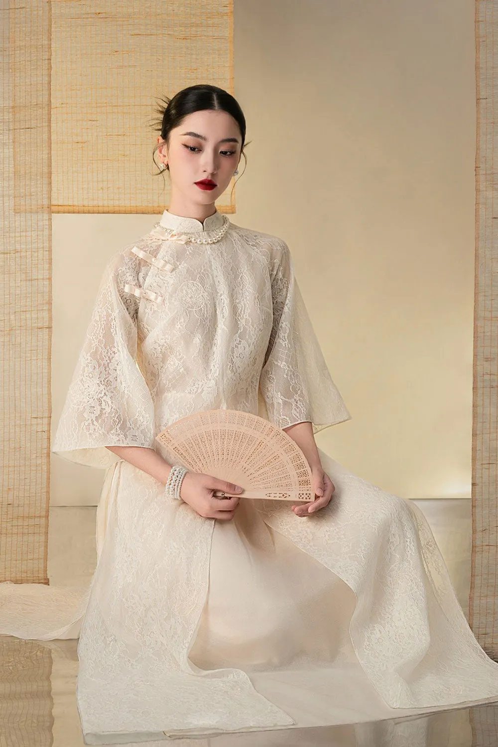 Thien Hoa A-line Flare Sleeved Lace Floor Length Ao Dai