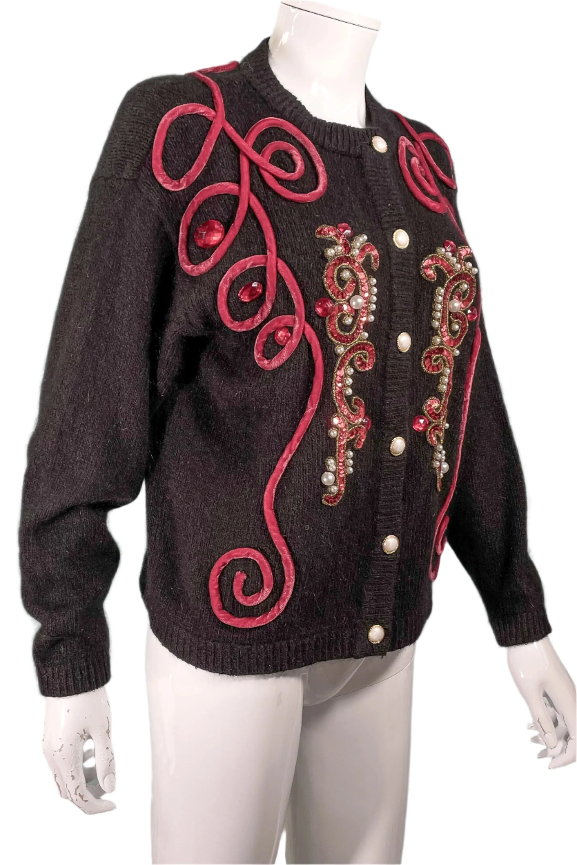 Tony Lambert Bejeweled Velvet Trim Cardigan Sweater, Black Angora/Wool/Silk Sweater S/M