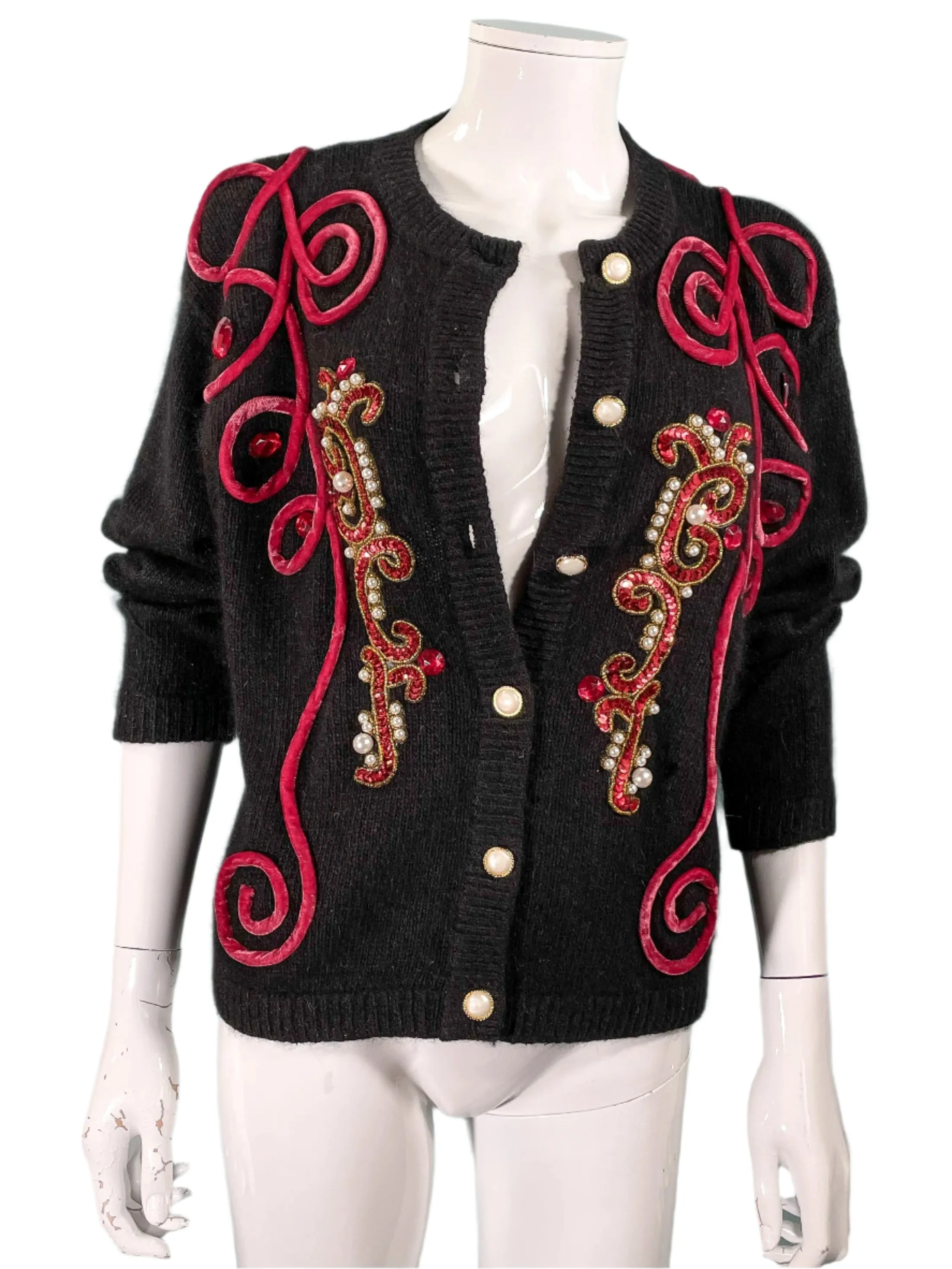 Tony Lambert Bejeweled Velvet Trim Cardigan Sweater, Black Angora/Wool/Silk Sweater S/M