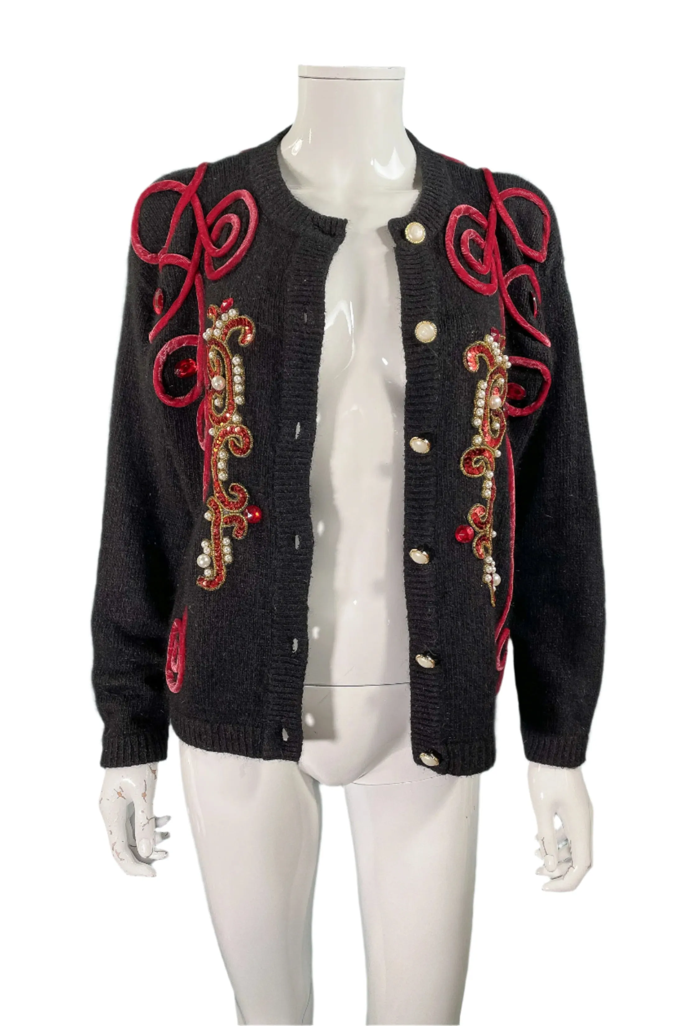Tony Lambert Bejeweled Velvet Trim Cardigan Sweater, Black Angora/Wool/Silk Sweater S/M