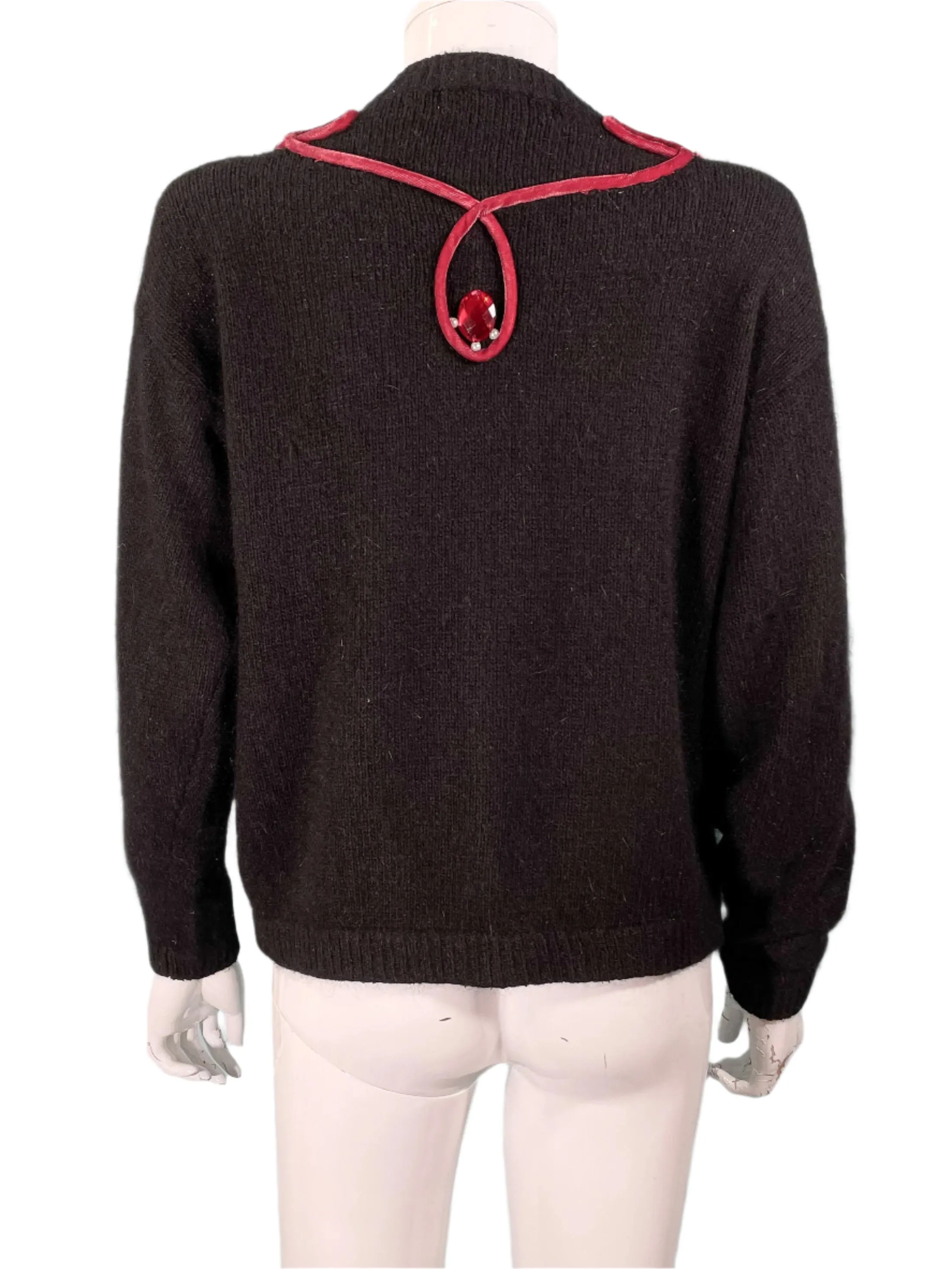 Tony Lambert Bejeweled Velvet Trim Cardigan Sweater, Black Angora/Wool/Silk Sweater S/M
