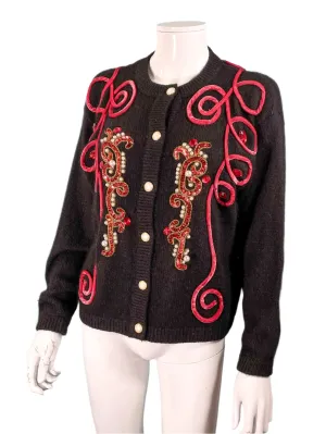 Tony Lambert Bejeweled Velvet Trim Cardigan Sweater, Black Angora/Wool/Silk Sweater S/M