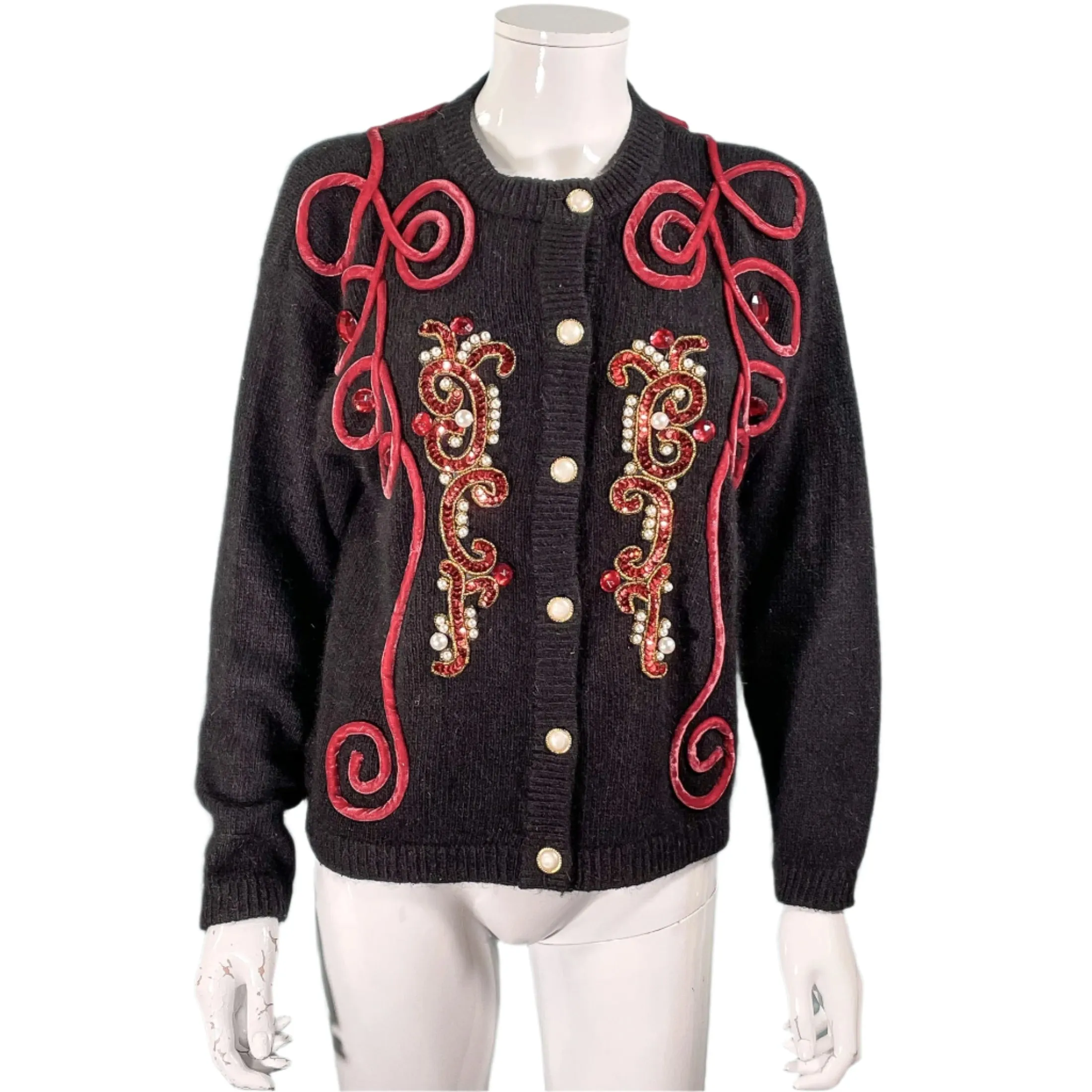 Tony Lambert Bejeweled Velvet Trim Cardigan Sweater, Black Angora/Wool/Silk Sweater S/M