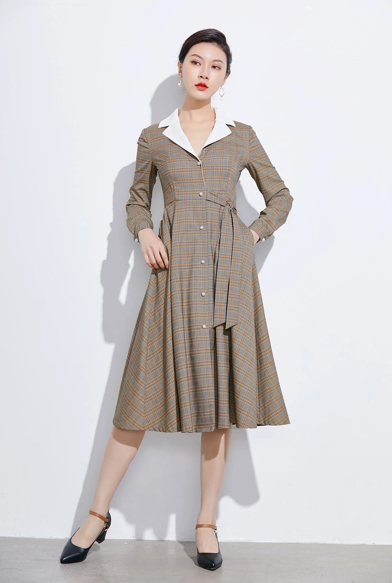 vintage inspired plaid shirt dress 2321#