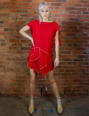 Vintage Women's Red Buckskin Suede Feather and Beaded Dress Free Size