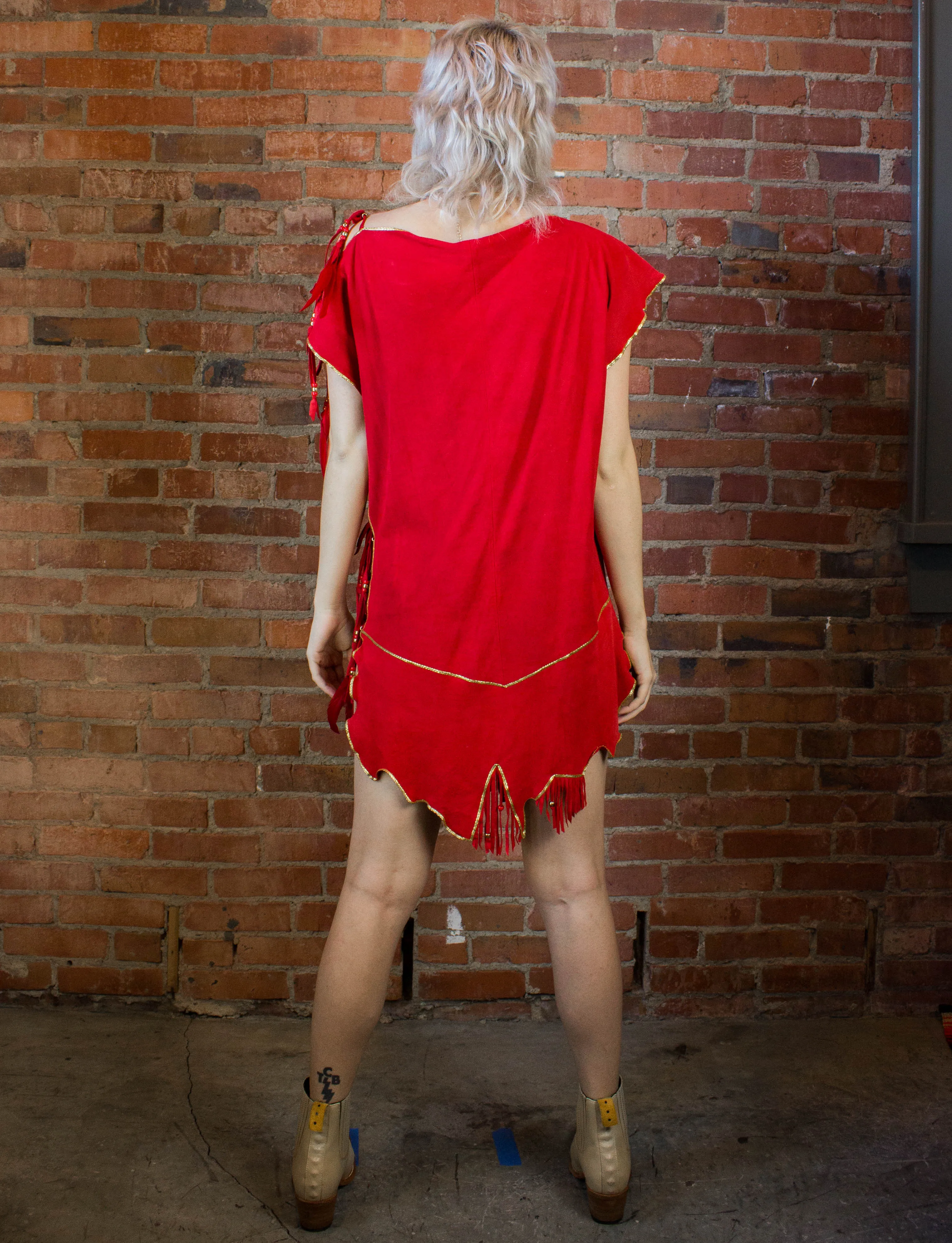 Vintage Women's Red Buckskin Suede Feather and Beaded Dress Free Size