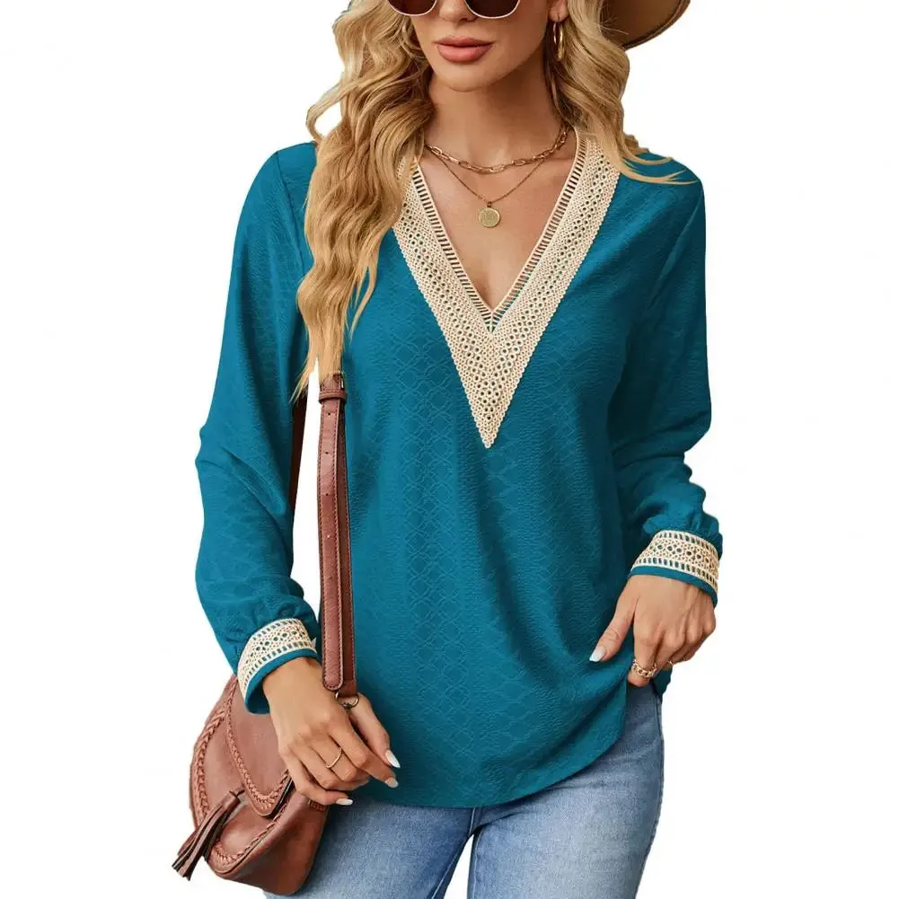 Women Top V Neck Hollow Out Matching Patchwork Long Sleeve Blouse