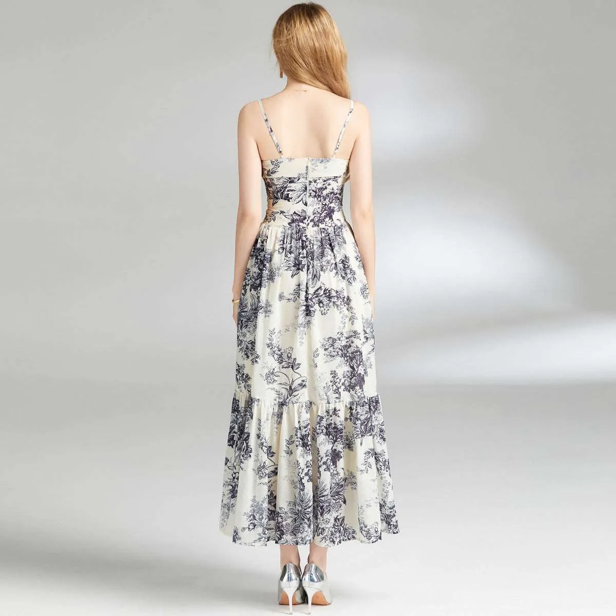 Women's Black and White Floral Print Strap Dress