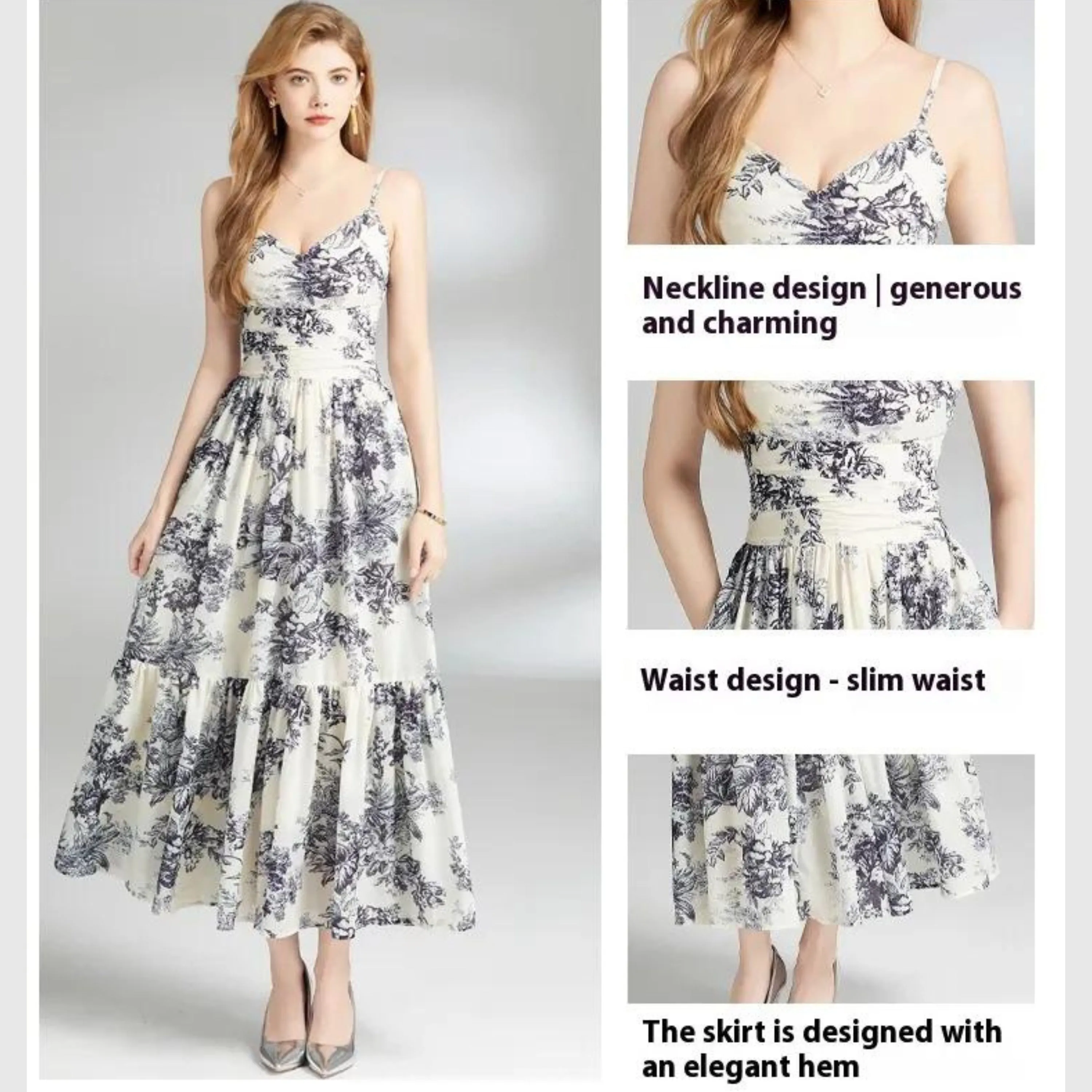 Women's Black and White Floral Print Strap Dress