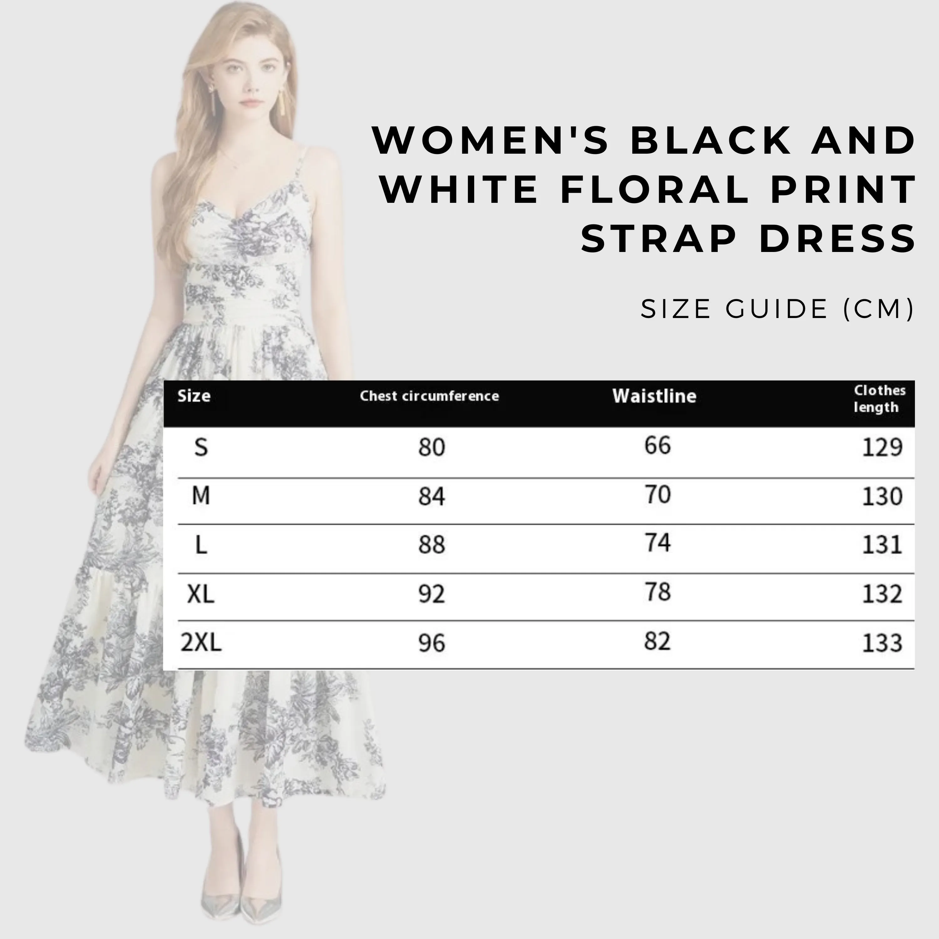 Women's Black and White Floral Print Strap Dress