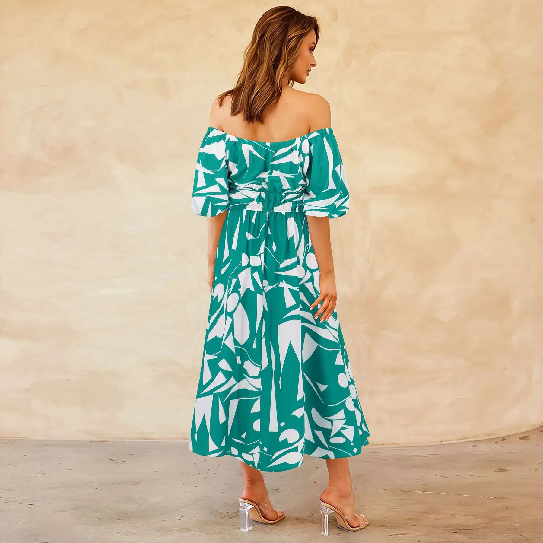 Women's Casual Off-shoulder Bubble Sleeve Large Swing Dress