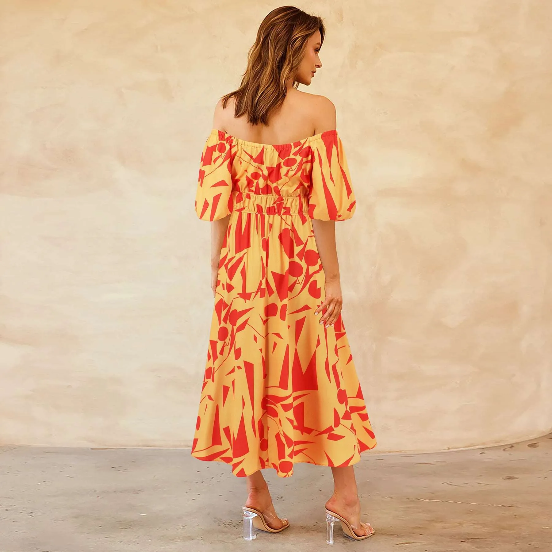 Women's Casual Off-shoulder Bubble Sleeve Large Swing Dress