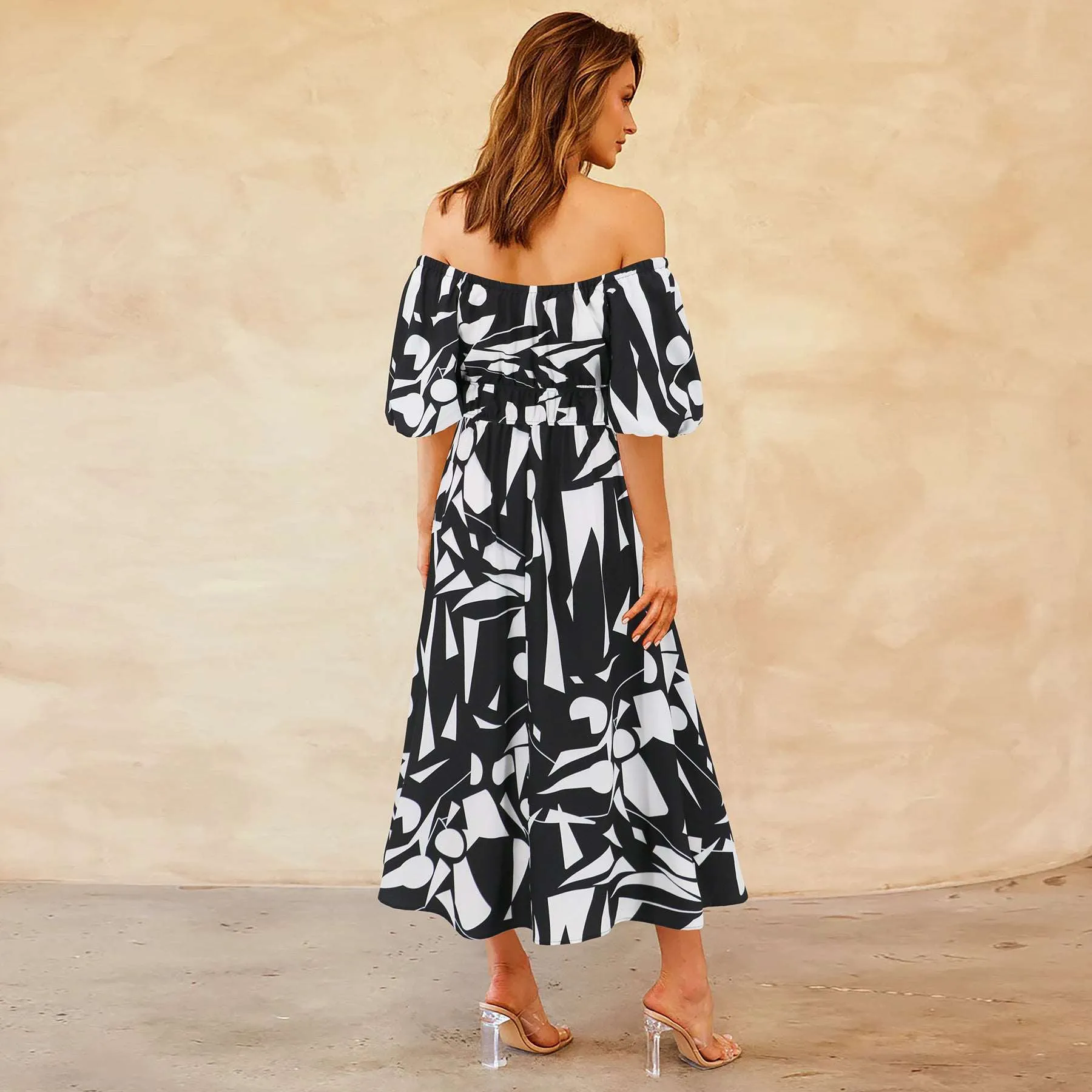 Women's Casual Off-shoulder Bubble Sleeve Large Swing Dress