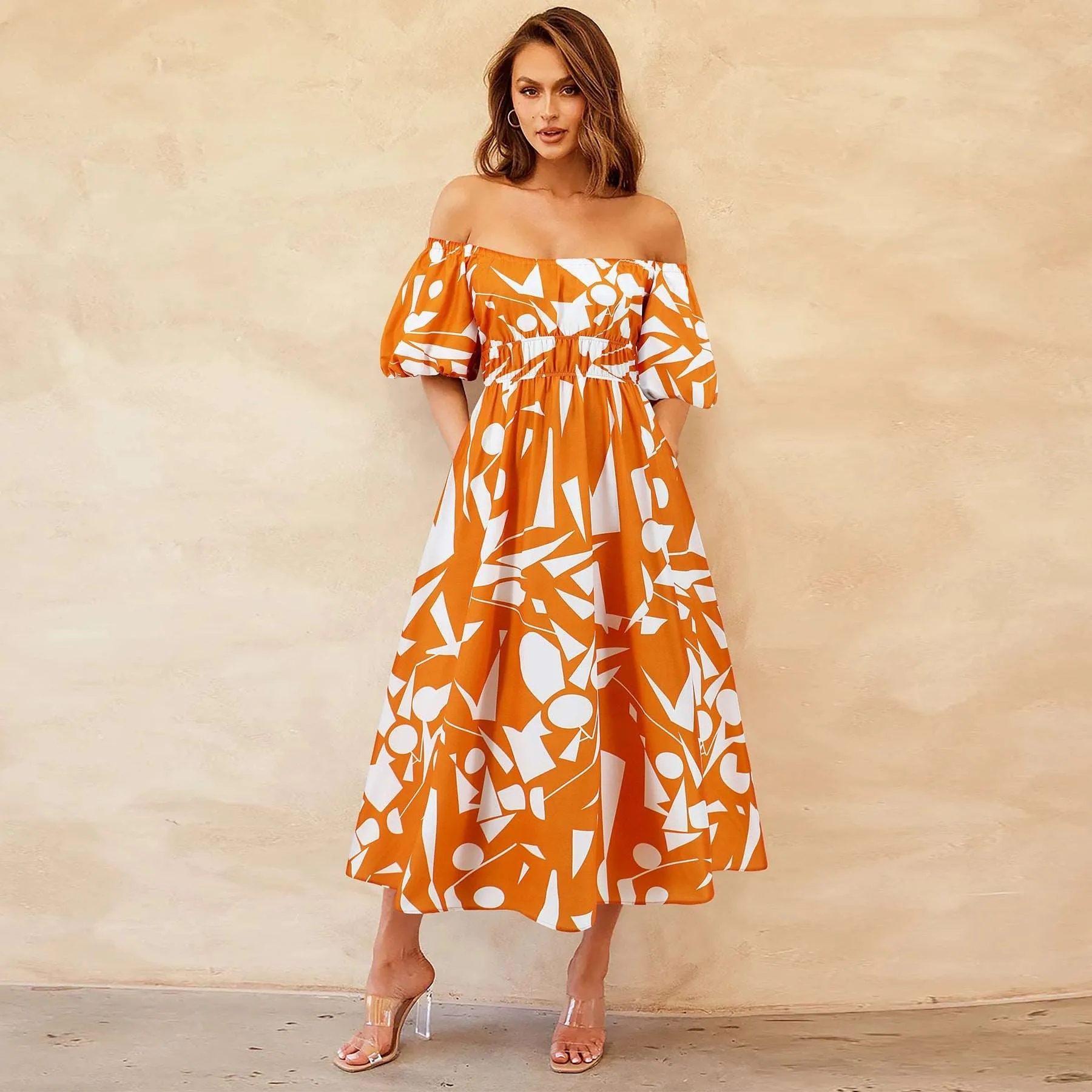 Women's Casual Off-shoulder Bubble Sleeve Large Swing Dress