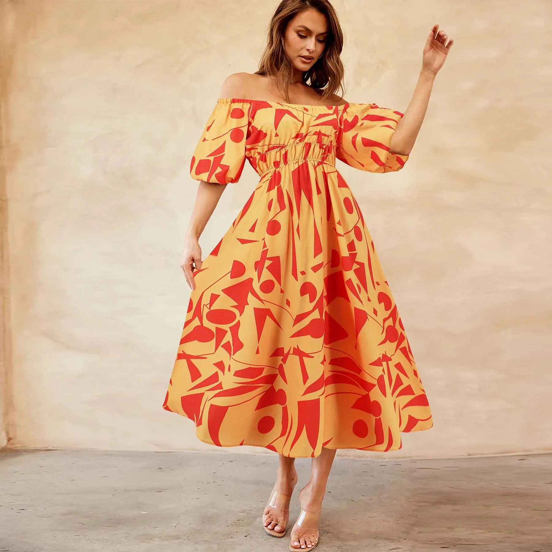Women's Casual Off-shoulder Bubble Sleeve Large Swing Dress