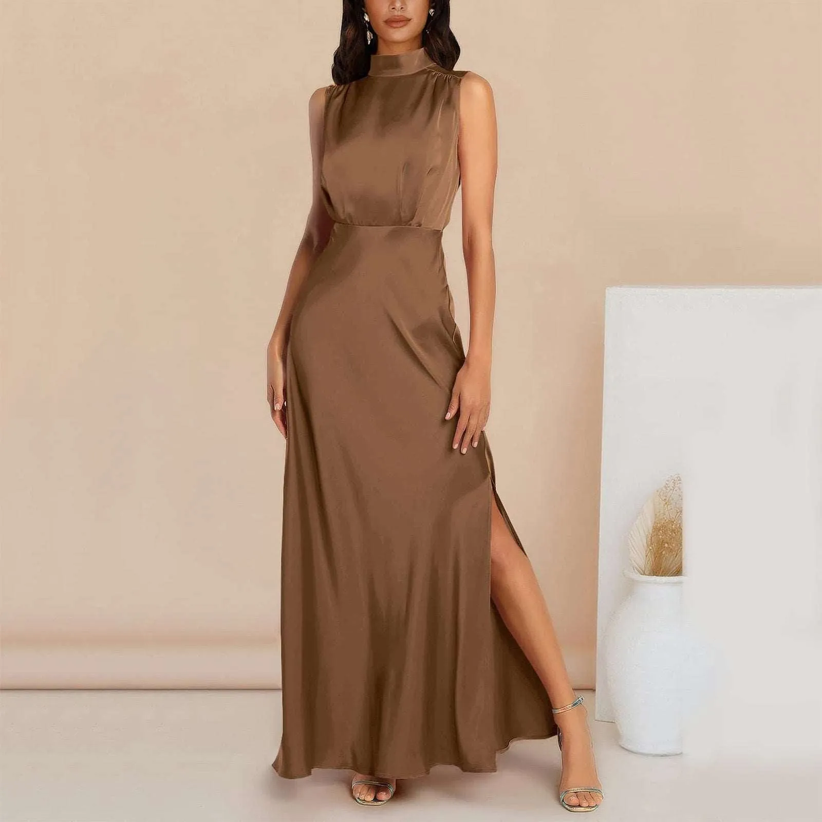 Women's Elegant Satin Stand Collar Long Dress