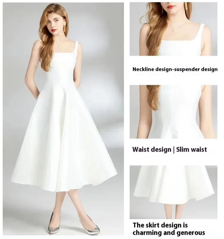 Women's White Waist Sliming Strap Dress