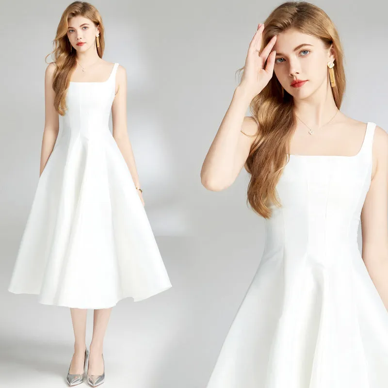 Women's White Waist Sliming Strap Dress