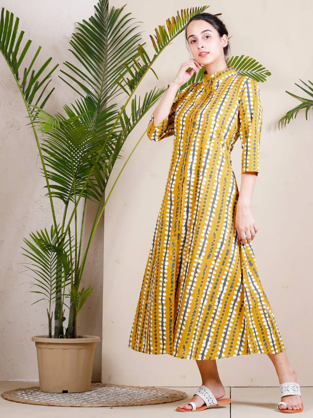 Yellow Stone Printed Shirt Dress